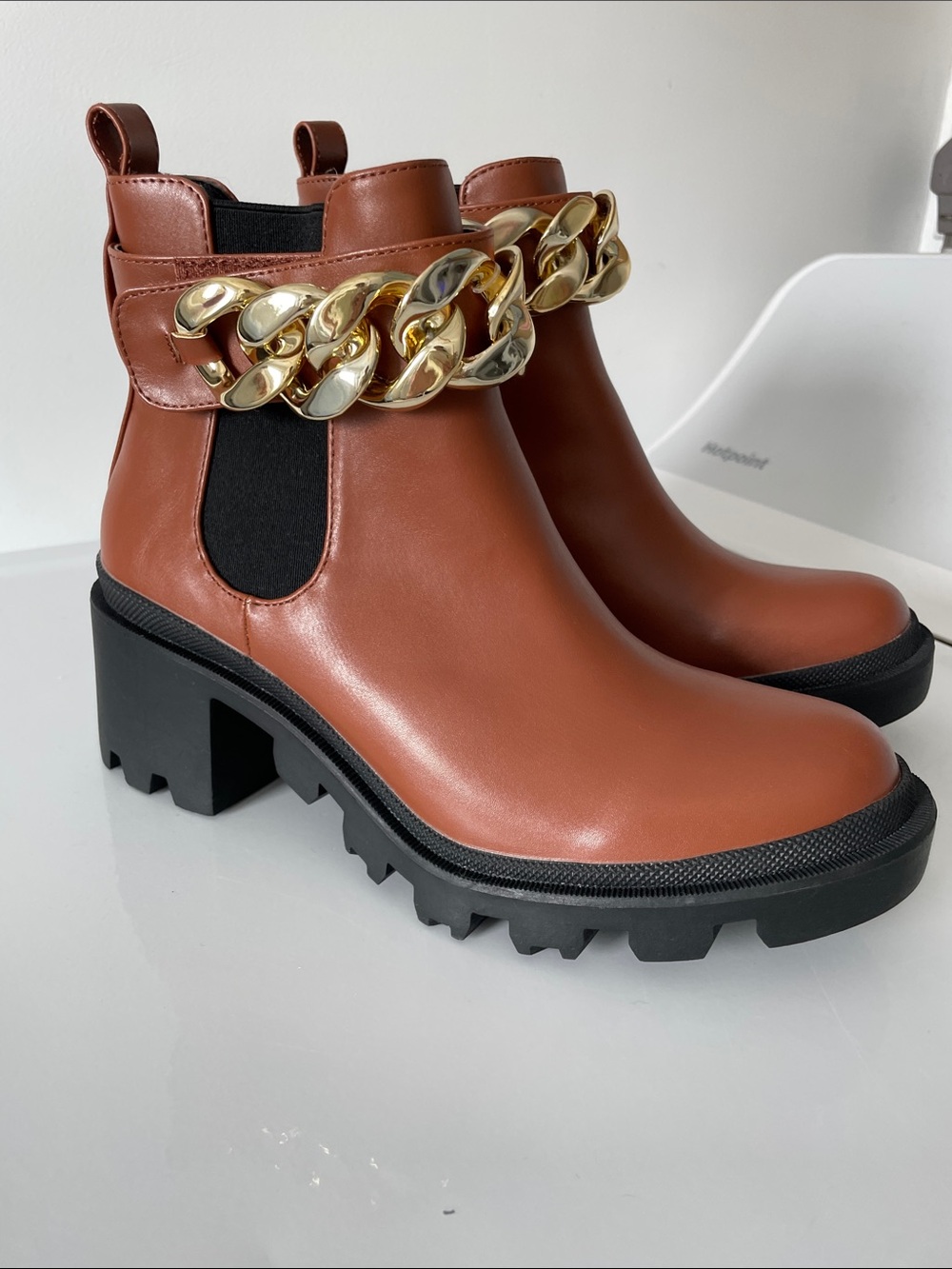 Women’s Brown Leather Chelsea Boots with Gold Chain Accent